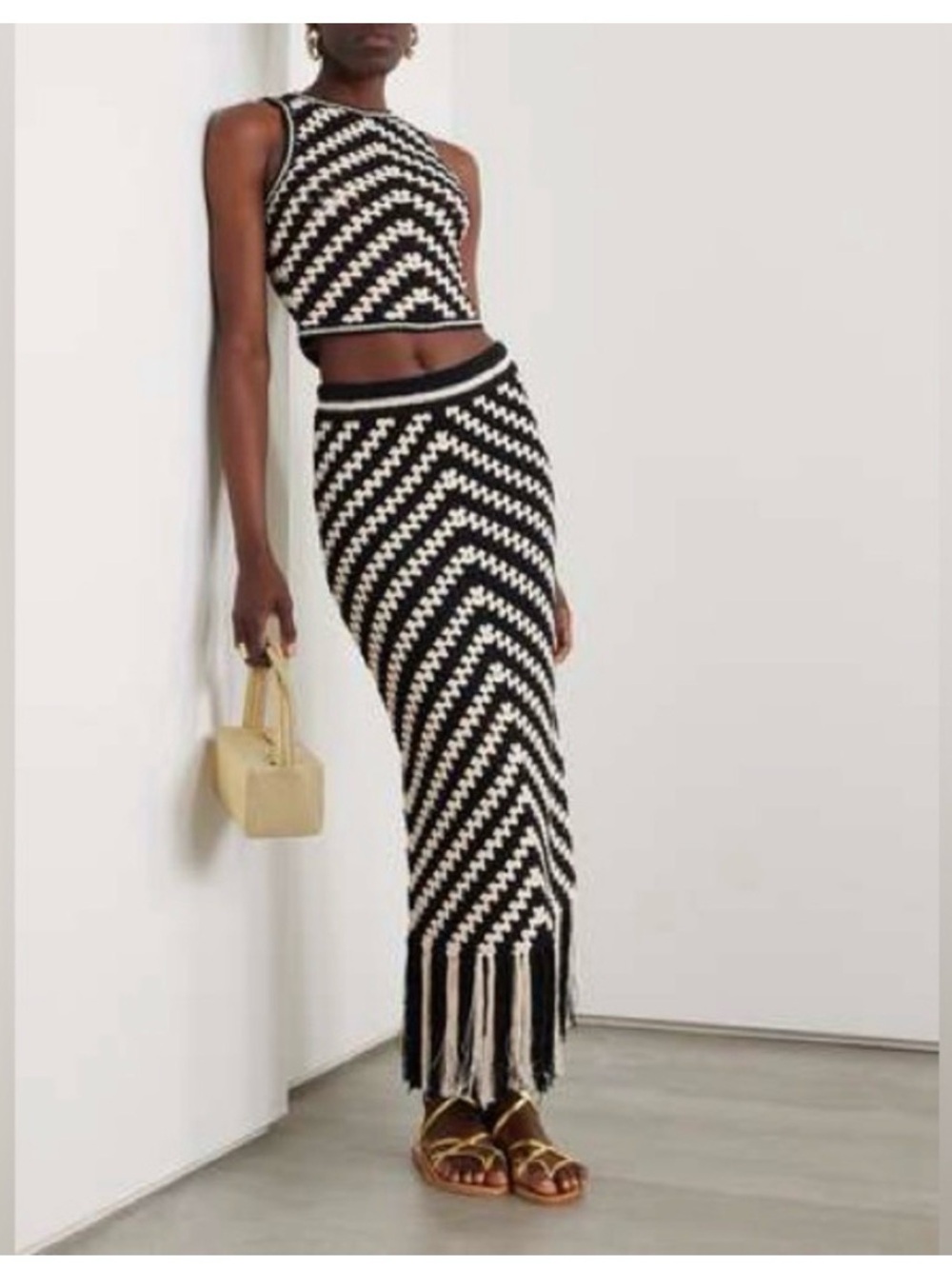 Zimmermann Halliday Black and Cream Crochet Fringe Maxi Skirt